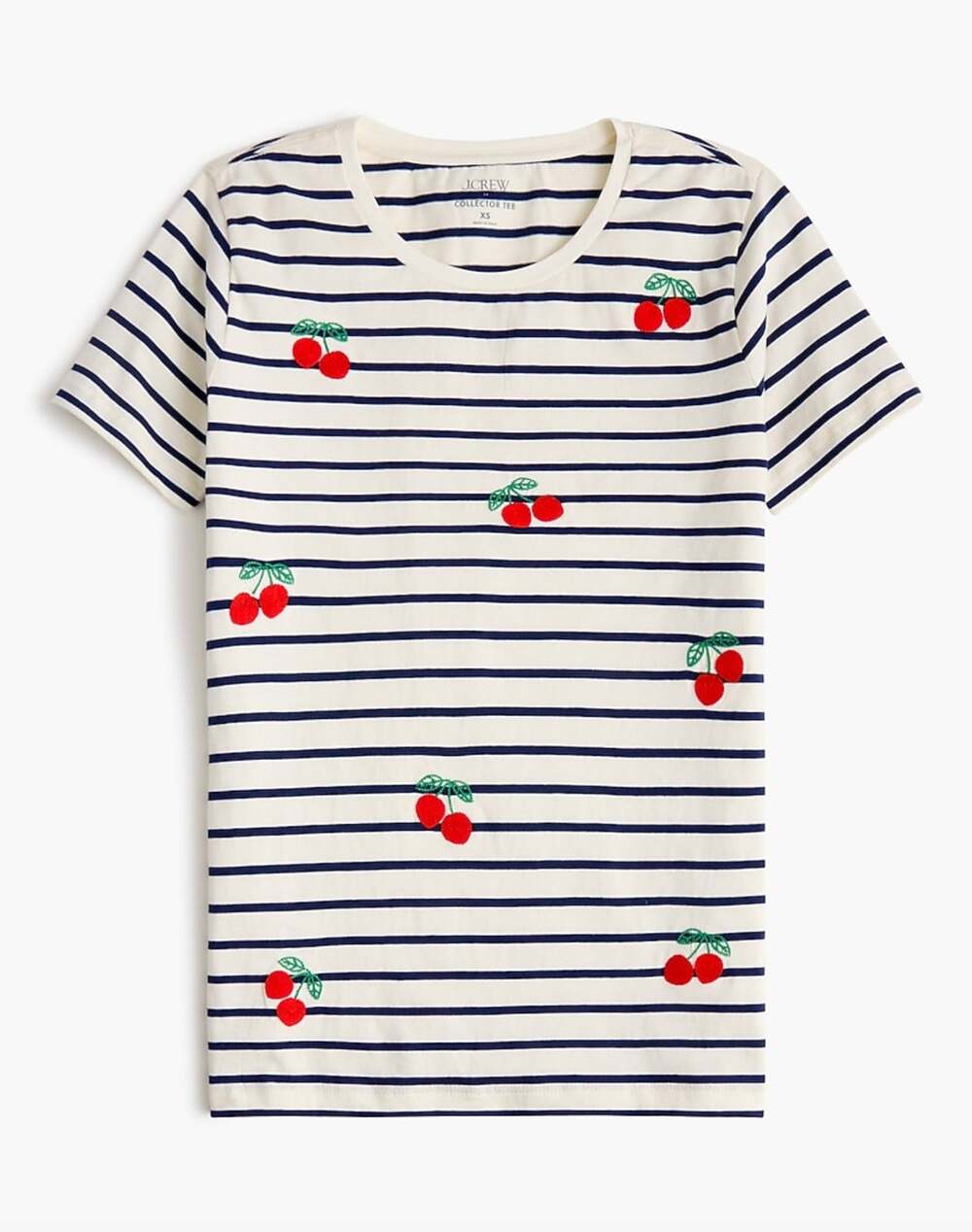 J.CREW Factory Cherries on stripes graphic tee Collectors White Blue Size XS NWT